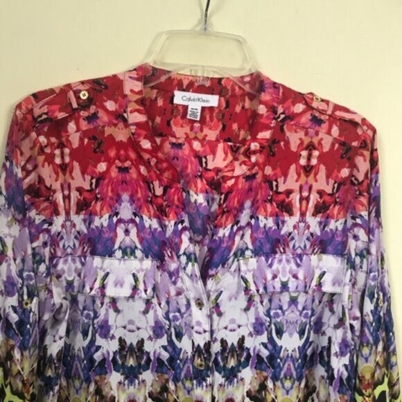 Calvin Klein Floral Oversized Boho Shirt Blouse Button RollTab Long Sleeve Top M - Picture 5 of 16